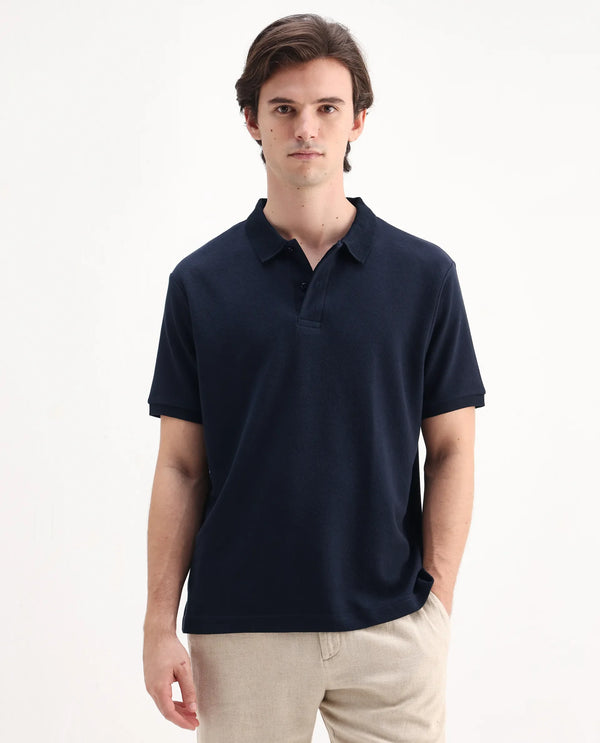 Rare Rabbit Men Spec Navy Cotton Polyester Fabric Short Sleeve Collared Neck Button Closure Plain Polo