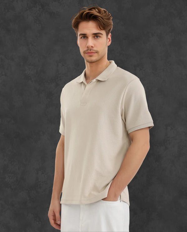 Rare Rabbit Men Spec Off White Cotton Polyester Fabric Short Sleeve Collared Neck Button Closure Plain Polo