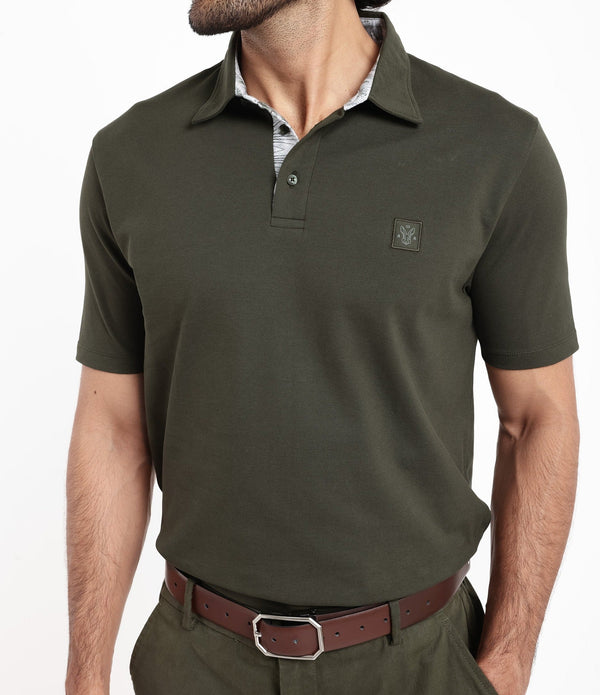 Rare Rabbit Men's Spencer Dark Olive Short Sleeve Button Closure Regular Fit Solid Polo T-Shirt