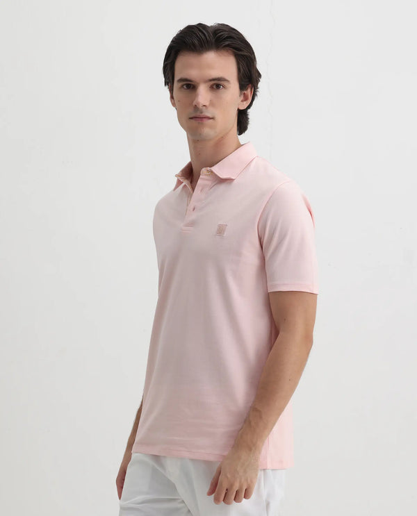 Rare Rabbit Men's Spencer Light Pink Short Sleeve Button Closure Regular Fit Solid Polo T-Shirt