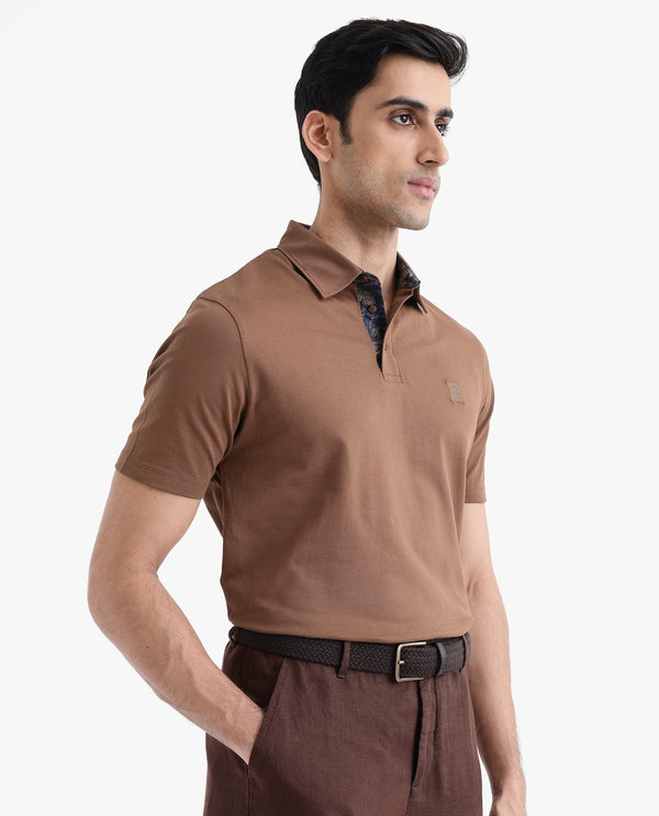 Rare Rabbit Men's Spencer Rust Short Sleeve Button Closure Regular Fit Solid Polo T-Shirt