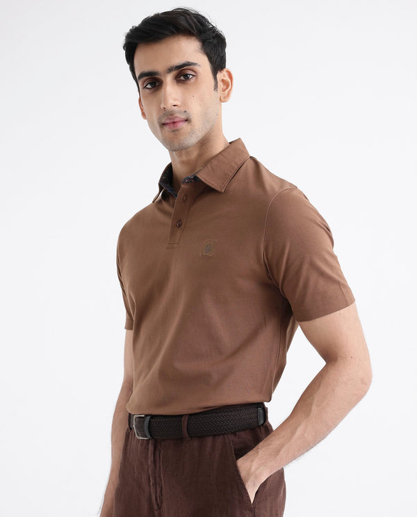 Rare Rabbit Men's Spencer Rust Short Sleeve Button Closure Regular Fit Solid Polo T-Shirt