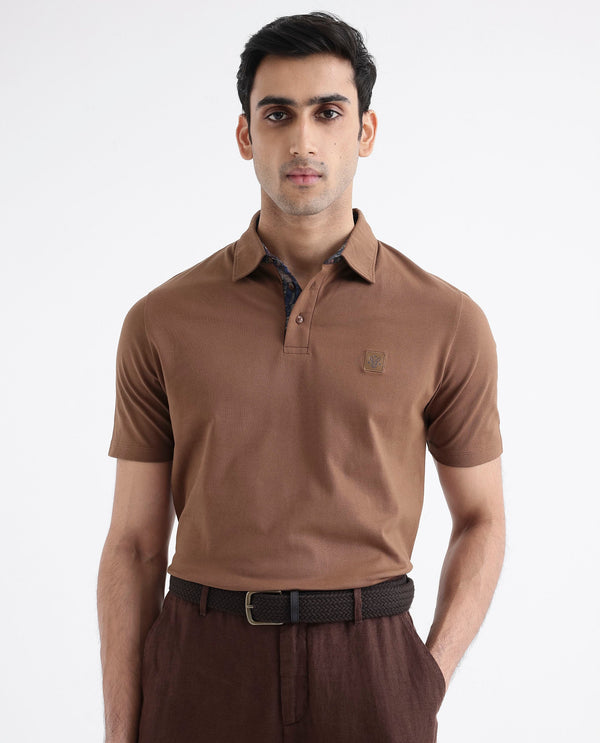 Rare Rabbit Men's Spencer Rust Short Sleeve Button Closure Regular Fit Solid Polo T-Shirt