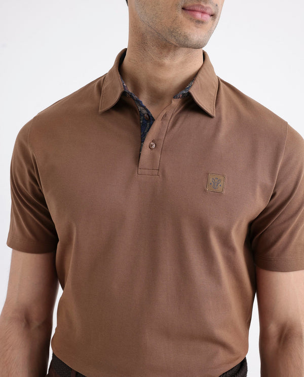 Rare Rabbit Men's Spencer Rust Short Sleeve Button Closure Regular Fit Solid Polo T-Shirt