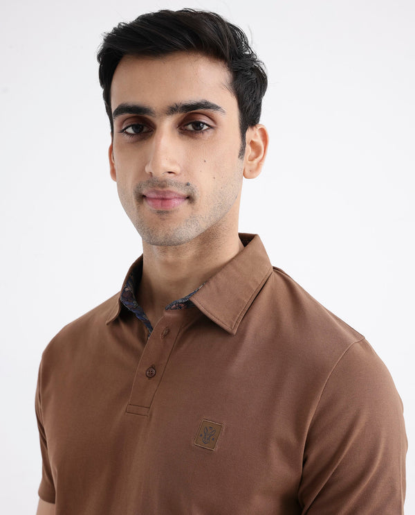 Rare Rabbit Men's Spencer Rust Short Sleeve Button Closure Regular Fit Solid Polo T-Shirt