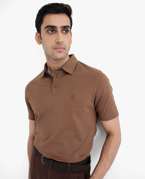 Rare Rabbit Men's Spencer Rust Short Sleeve Button Closure Regular Fit Solid Polo T-Shirt