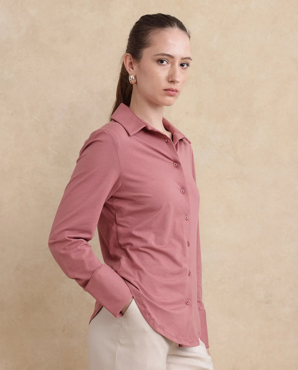 Rareism Women Spie-Uni Pink Full Sleeve Collared Neck Button Closure Regular Fit Plain Shirt