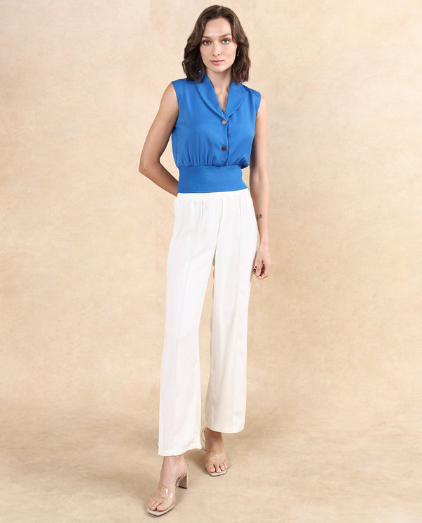 Rareism Women Srat Blue Polyester Fabric Sleeveless Shawl Neck Button Closure Regular Fit Plain Top