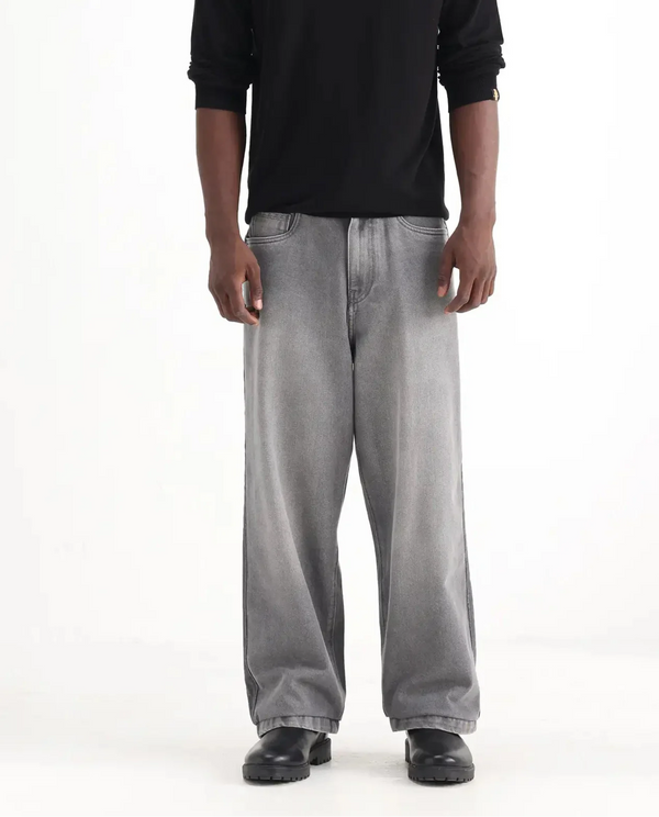 Rare Rabbit Men Srito Grey Cotton Fabric Drawstring Closure Baggy Fit Plain Jeans