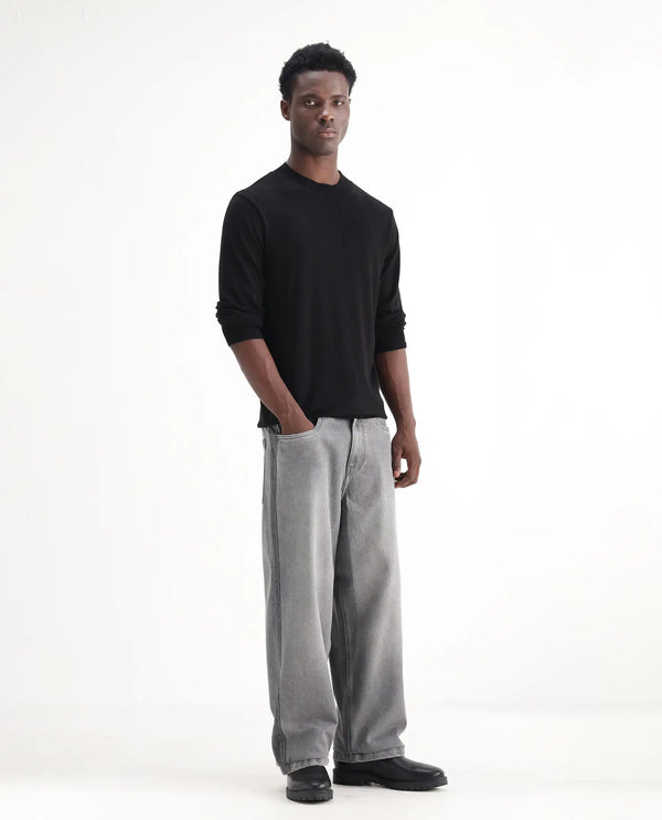 Rare Rabbit Men Srito Grey Cotton Fabric Drawstring Closure Baggy Fit Plain Jeans