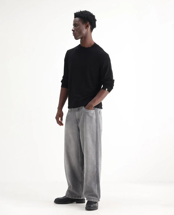 Rare Rabbit Men Srito Grey Cotton Fabric Drawstring Closure Baggy Fit Plain Jeans