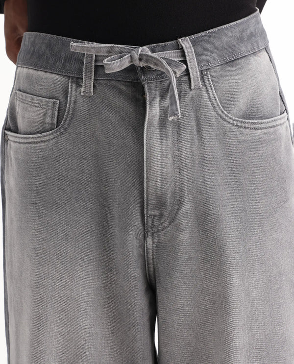 Rare Rabbit Men Srito Grey Cotton Fabric Drawstring Closure Baggy Fit Plain Jeans