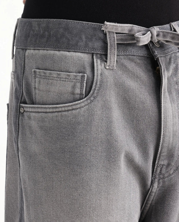 Rare Rabbit Men Srito Grey Cotton Fabric Drawstring Closure Baggy Fit Plain Jeans