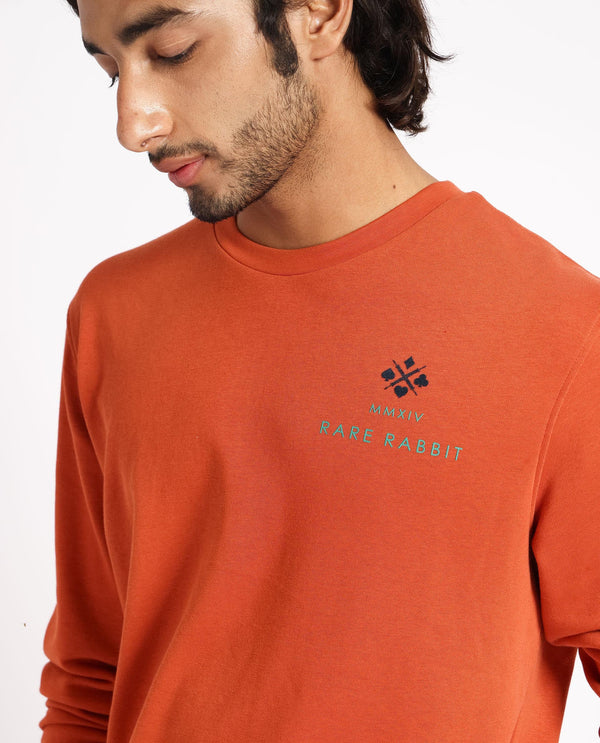 Rare Rabbit Men's Cerdon Rust Cotton Polyester Fabric Full Sleeves Graphic Branding Print Knitted Sweatshirt