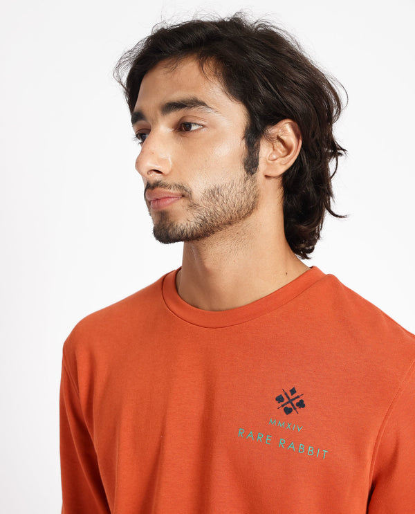 Rare Rabbit Men's Cerdon Rust Cotton Polyester Fabric Full Sleeves Graphic Branding Print Knitted Sweatshirt