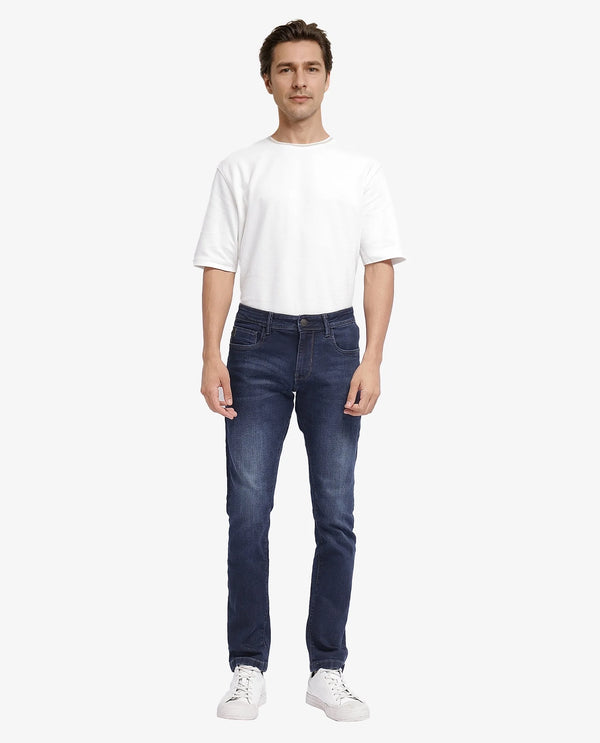 Rare Rabbit Mens Star Dark Navy Jeans Cotton Distressed Polyester Solid Slim Fit