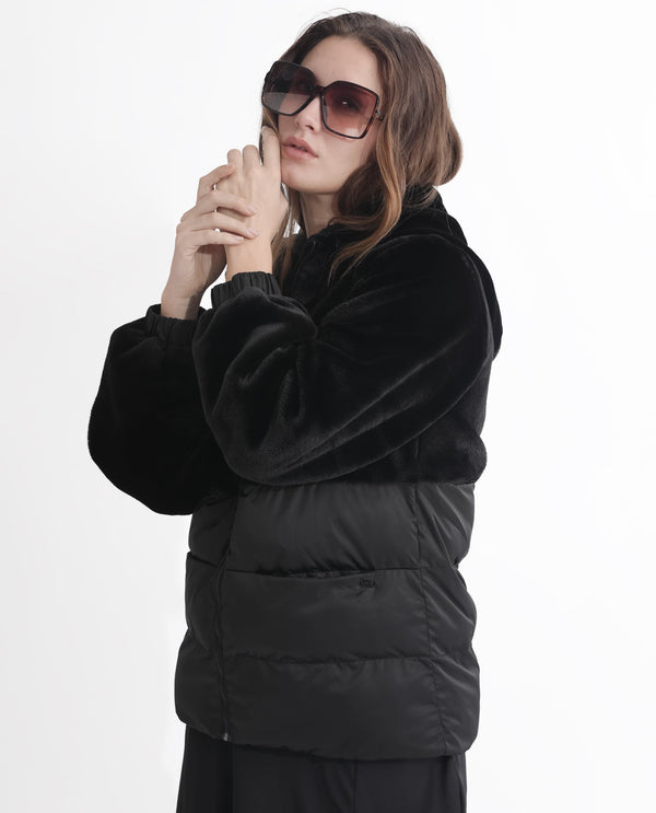 Rareism Women Stelar Black Polyester Fabric Full Sleeves Zip Closure Hooded Regular Fit Plain Jacket