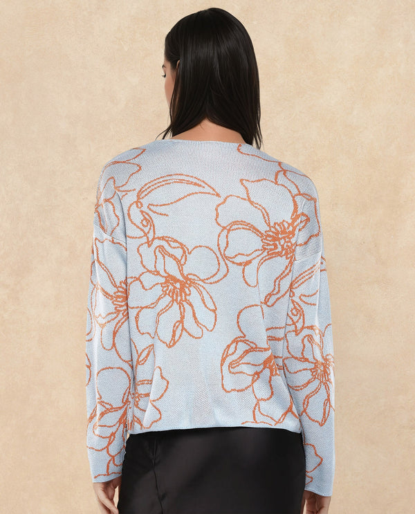Rareism Women Stellan Blue Acrylic Fabric Relaxed Fit Floral Jacquard Print Sweater