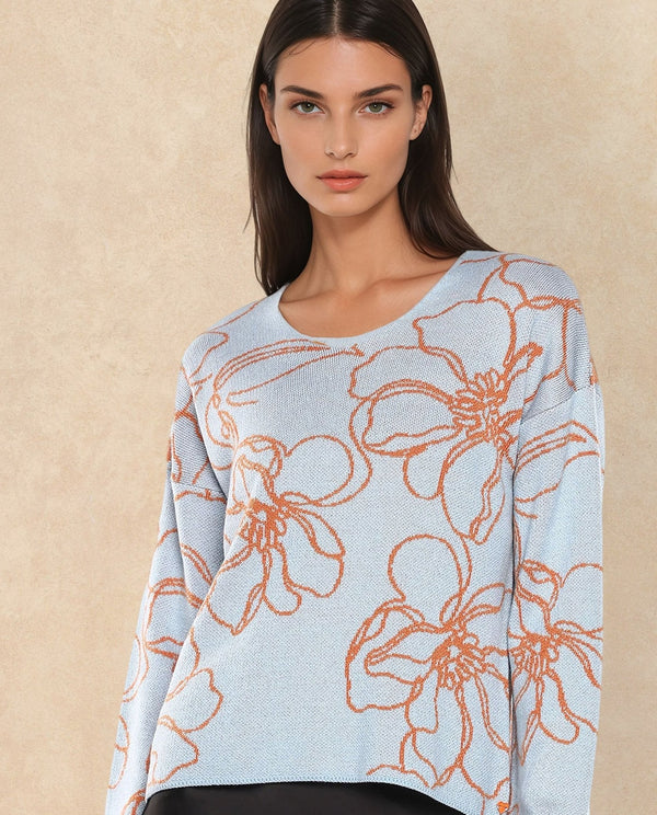 Rareism Women Stellan Blue Acrylic Fabric Relaxed Fit Floral Jacquard Print Sweater