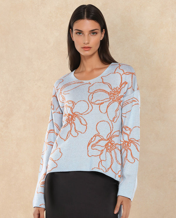 Rareism Women Stellan Blue Acrylic Fabric Relaxed Fit Floral Jacquard Print Sweater