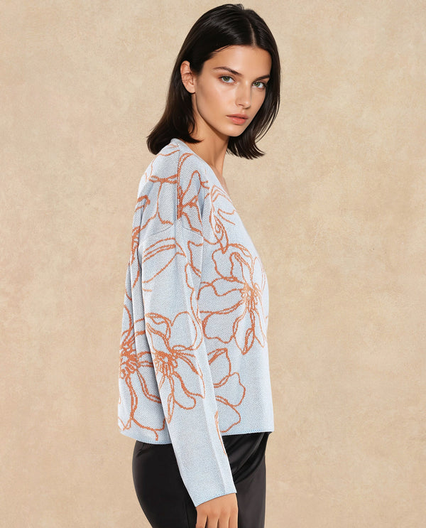 Rareism Women Stellan Blue Acrylic Fabric Relaxed Fit Floral Jacquard Print Sweater