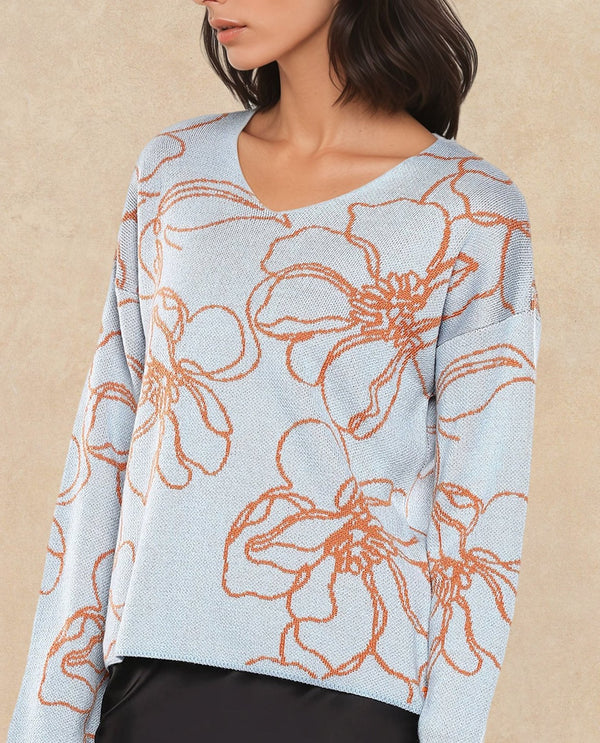 Rareism Women Stellan Blue Acrylic Fabric Relaxed Fit Floral Jacquard Print Sweater
