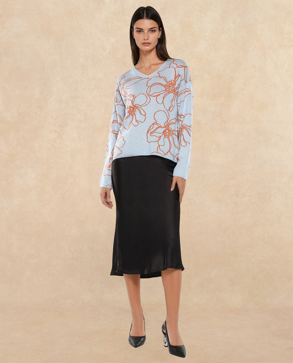 Rareism Women Stellan Blue Acrylic Fabric Relaxed Fit Floral Jacquard Print Sweater