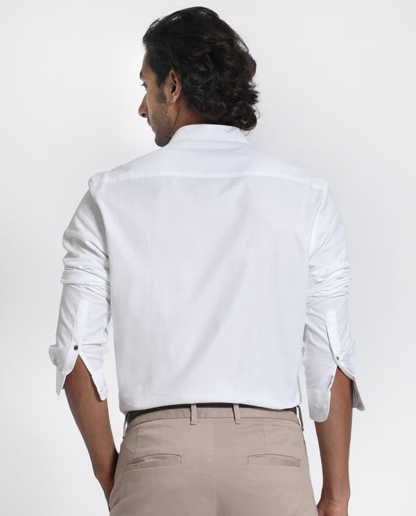 Rare Rabbit Men's Stellar White Mandarin Collar Full Sleeves Self Micro Check Shirt