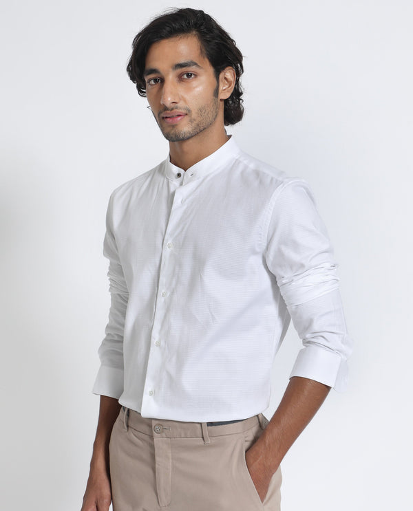 Rare Rabbit Men's Stellar White Mandarin Collar Full Sleeves Self Micro Check Shirt
