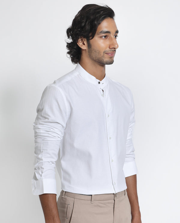 Rare Rabbit Men's Stellar White Mandarin Collar Full Sleeves Self Micro Check Shirt