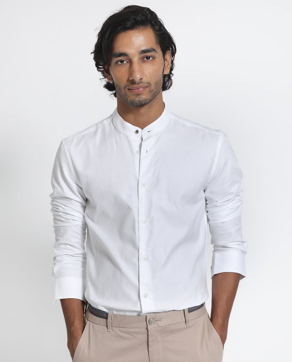 Rare Rabbit Men's Stellar White Mandarin Collar Full Sleeves Self Micro Check Shirt