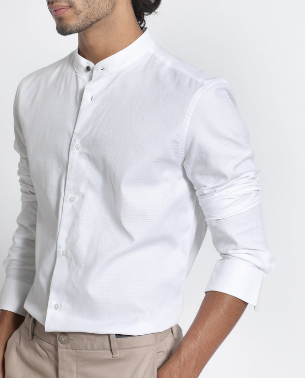 Rare Rabbit Men's Stellar White Mandarin Collar Full Sleeves Self Micro Check Shirt
