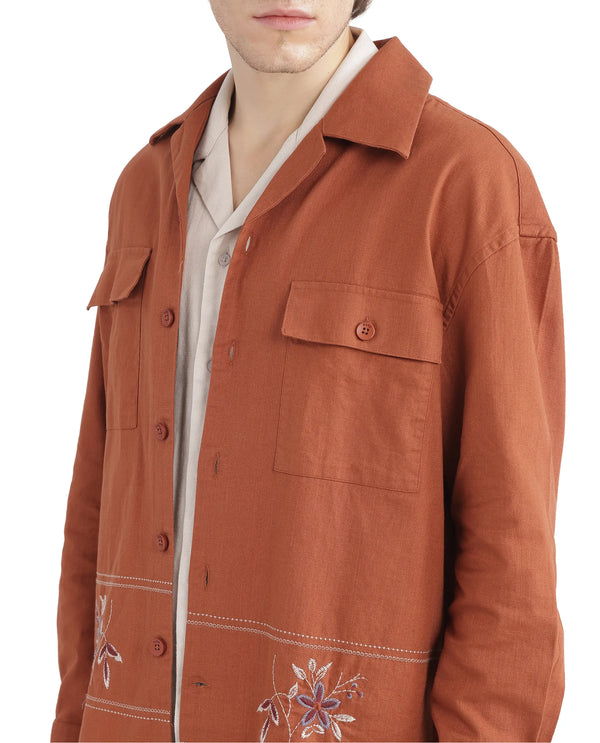 Rare Rabbit Men Stenay Rust Cotton Fabric Regular Fit Full Sleeve Embroidered Shirt