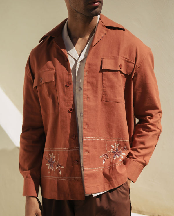 Rare Rabbit Men Stenay Rust Cotton Fabric Regular Fit Full Sleeve Embroidered Shirt