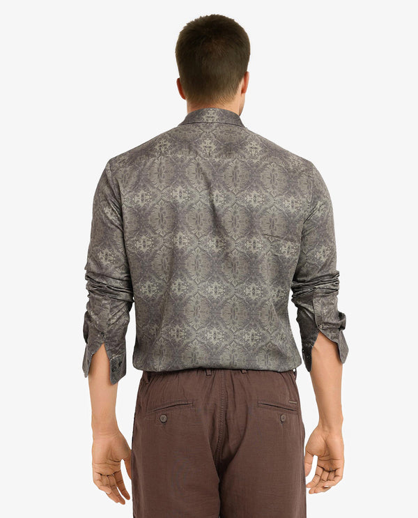 Rare Rabbit Men Steno Dark Olive Full Sleeve Regular Fit Decorative Print Shirt