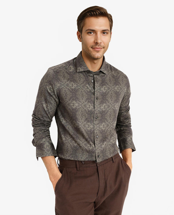 Rare Rabbit Men Steno Dark Olive Full Sleeve Regular Fit Decorative Print Shirt