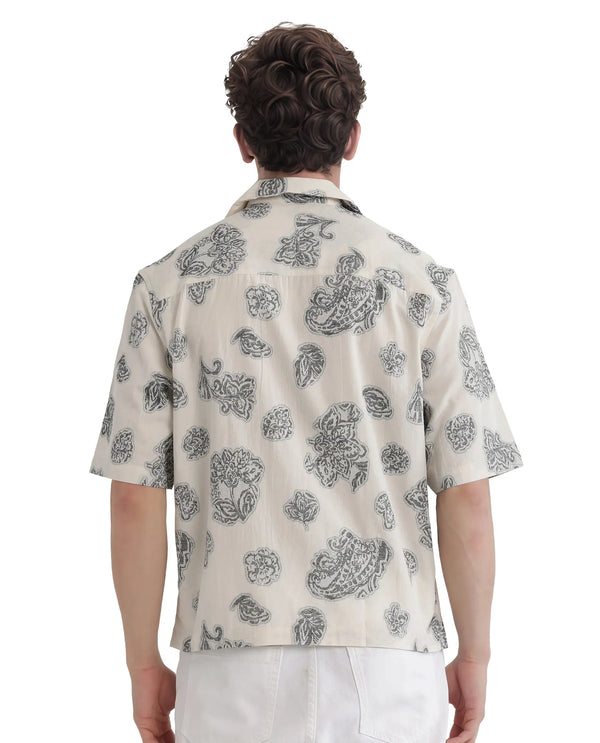 Rare Rabbit Men Steve Black Cotton Blend Fabric Half Sleeve Cuban Collar Button Closure Jacquard Shirt