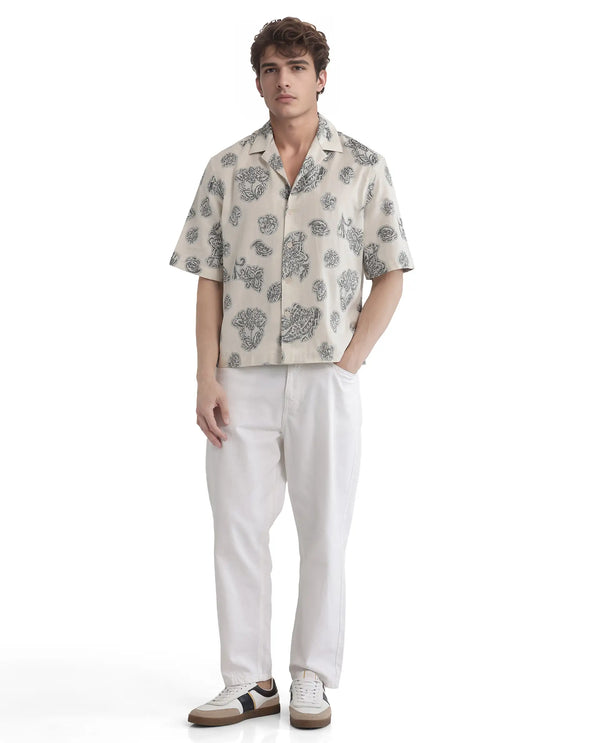 Rare Rabbit Men Steve Black Cotton Blend Fabric Half Sleeve Cuban Collar Button Closure Jacquard Shirt
