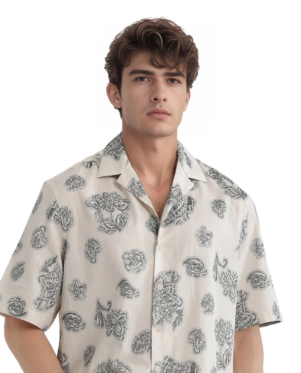 Rare Rabbit Men Steve Black Cotton Blend Fabric Half Sleeve Cuban Collar Button Closure Jacquard Shirt