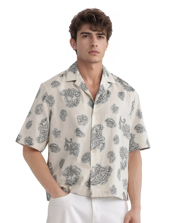 Rare Rabbit Men Steve Black Cotton Blend Fabric Half Sleeve Cuban Collar Button Closure Jacquard Shirt