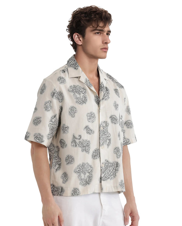 Rare Rabbit Men Steve Black Cotton Blend Fabric Half Sleeve Cuban Collar Button Closure Jacquard Shirt