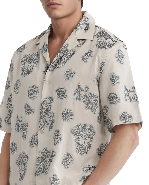 Rare Rabbit Men Steve Black Cotton Blend Fabric Half Sleeve Cuban Collar Button Closure Jacquard Shirt