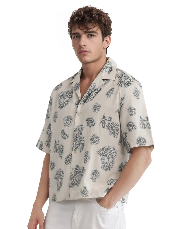 Rare Rabbit Men Steve Black Cotton Blend Fabric Half Sleeve Cuban Collar Button Closure Jacquard Shirt