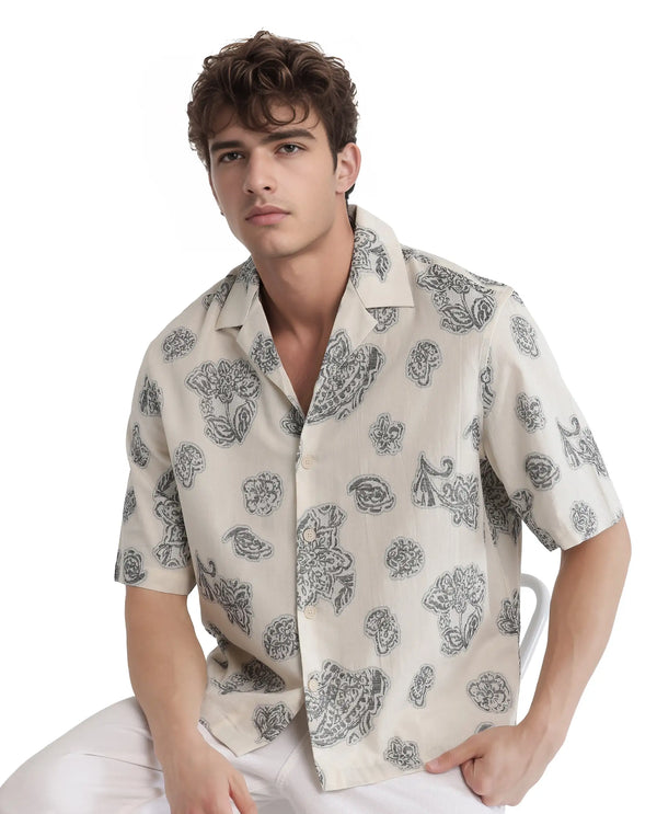 Rare Rabbit Men Steve Black Cotton Blend Fabric Half Sleeve Cuban Collar Button Closure Jacquard Shirt