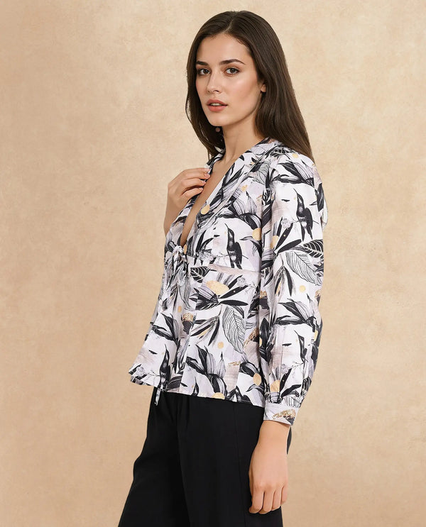 Rareism Women Stevieo-T Multi Cuffed Sleeve Lapel Neck Loop Abstract Print Top