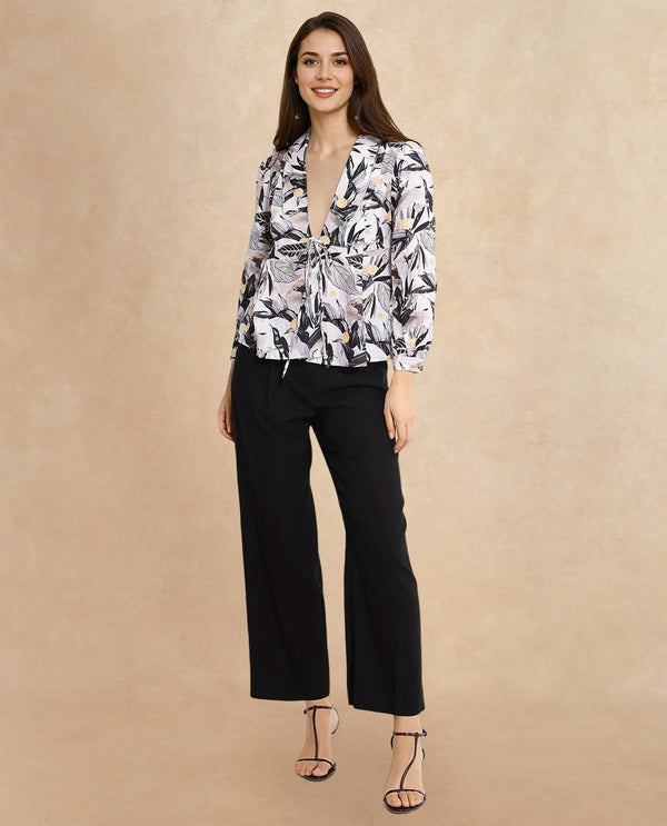 Rareism Women Stevieo-T Multi Cuffed Sleeve Lapel Neck Loop Abstract Print Top