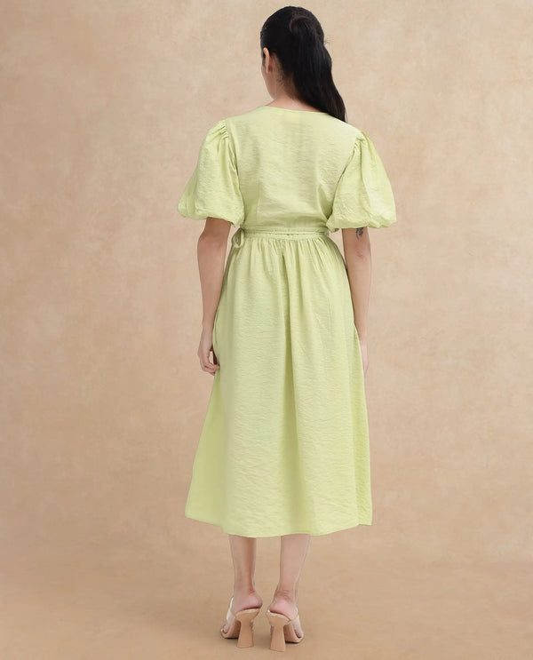 Rareism Women Stewart Light Green Button Closure Balloon Sleeve Over Lap Neck Fit And Flare Plain Maxi Dress