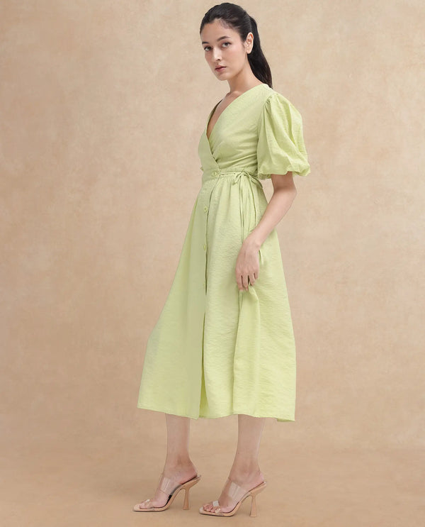 Rareism Women Stewart Light Green Button Closure Balloon Sleeve Over Lap Neck Fit And Flare Plain Maxi Dress