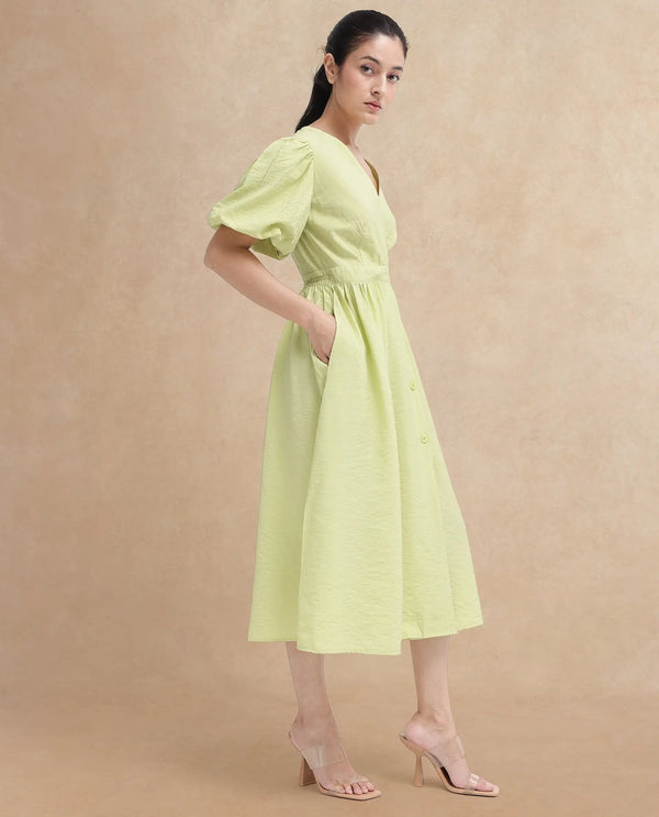 Rareism Women Stewart Light Green Button Closure Balloon Sleeve Over Lap Neck Fit And Flare Plain Maxi Dress