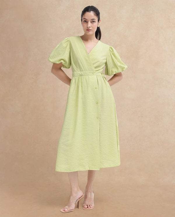 Rareism Women Stewart Light Green Button Closure Balloon Sleeve Over Lap Neck Fit And Flare Plain Maxi Dress
